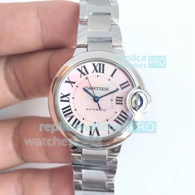 Swiss Grade Replica Cartier Ballon Bleu De Cartier Pink Roman Dial SS Case Watch 